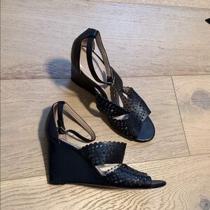 Tory Burch Black Cutout laser cut Wedge leather Sandals 7.5